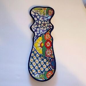 Talavera Pottery Spoon rest HANDPAINTED in Mexico Blue Floral Design